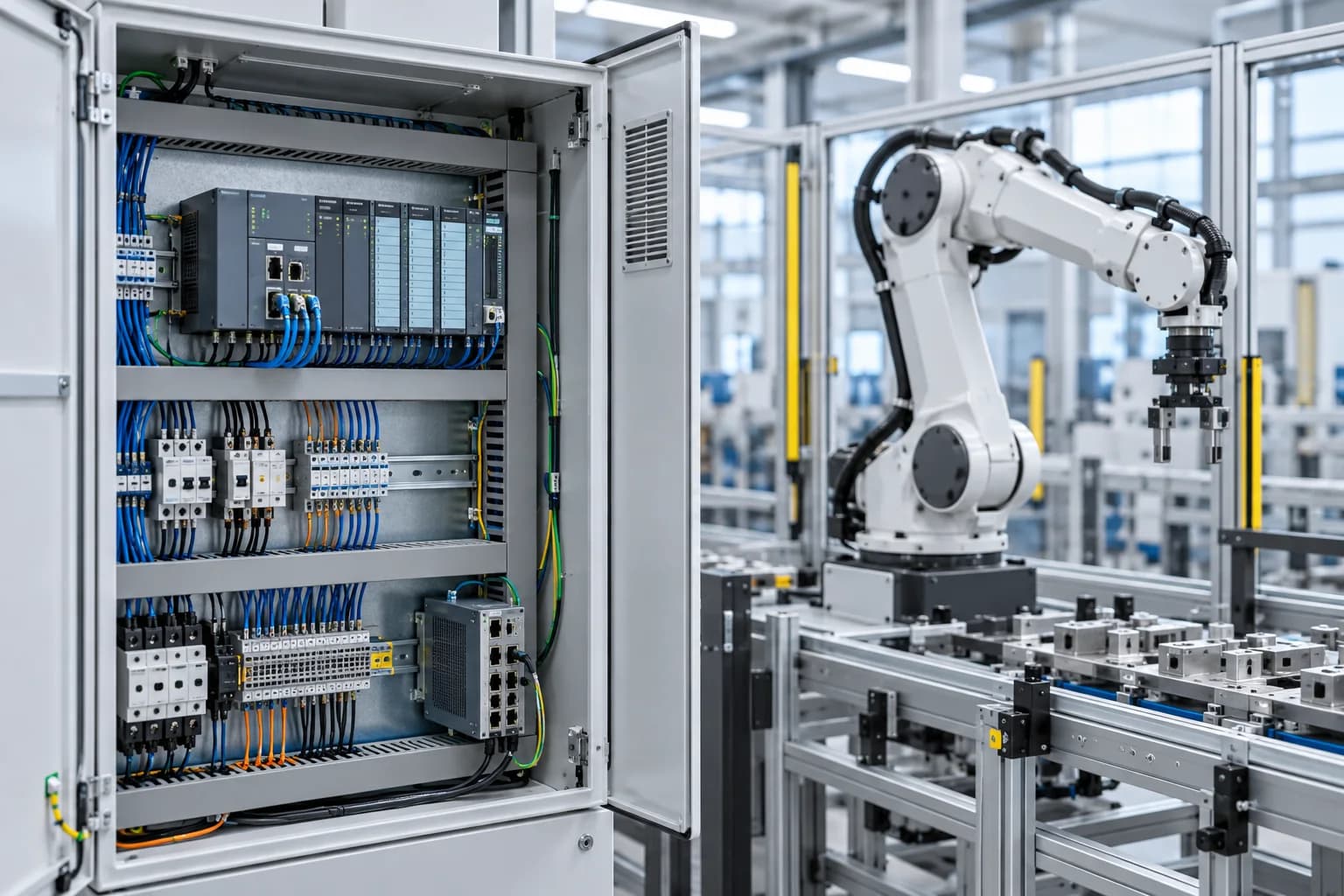 ロボット・PLC/工場設備連携支援(AI生成イメージ)